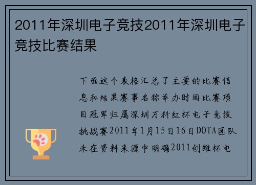 2011年深圳电子竞技2011年深圳电子竞技比赛结果